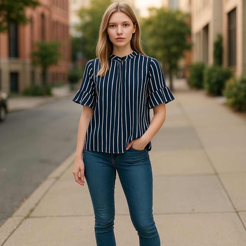 3/$30 - VERO MODA Blouse Top 3/4 Sleeves Navy & White Striped Women's - Size M